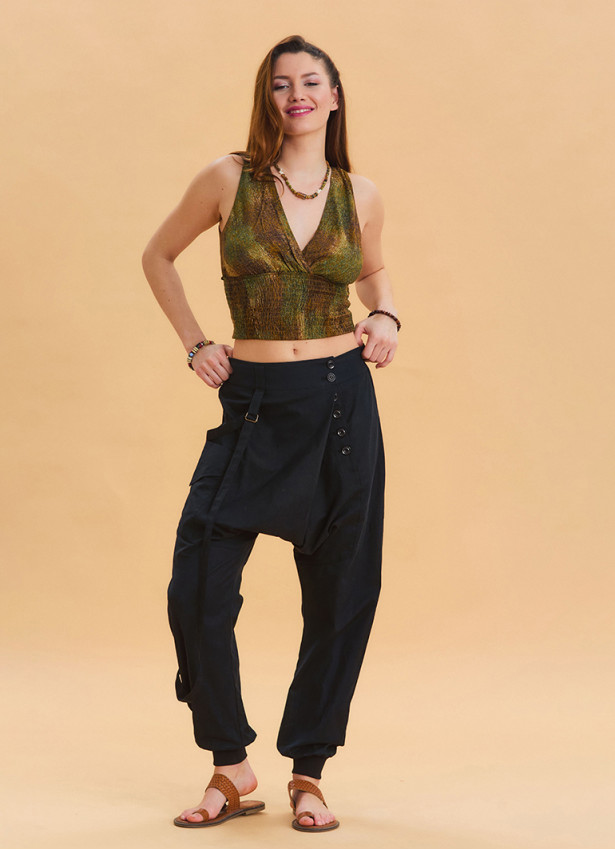 Black Bohemian Shalwar with Elastic Waistband and Rope Detail and Buttons 4555